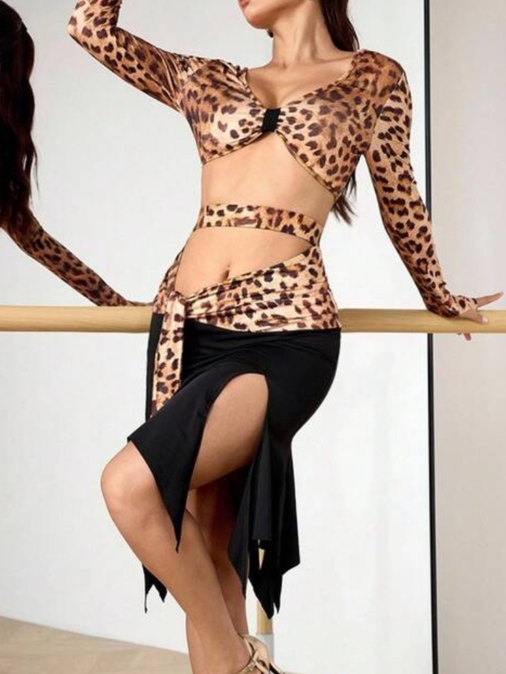 Leopard Print Tie-Front Crop Top with Black Midi Skirt Latin Ballroom Dance